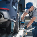 Towing Company Worker Securing Vehicle on the Truck Platform