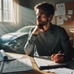 How Long After a Car Accident Can You Claim Injury? A thoughtful person sits at a desk, surrounded by paperwork and a calendar marked with dates, lookin