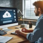 The Benefits of Cloud Fax Automation for the Automotive & Mechanical Industry A man sits at a desk, focused on a computer screen displaying cloud fax automation software.