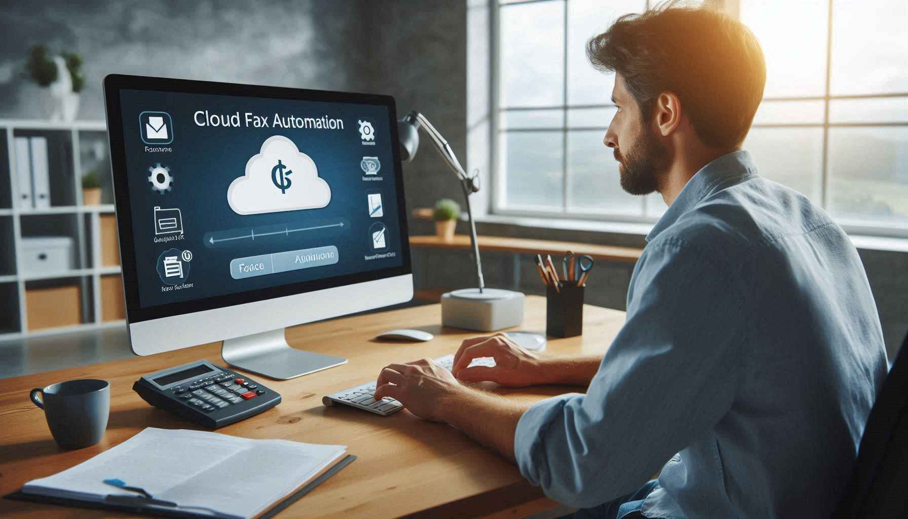 A man sits at a desk, focused on a computer screen displaying cloud fax automation software.