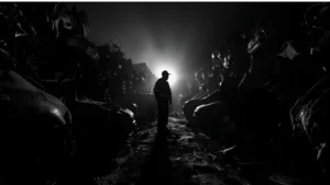 Silhouette of a scrapyard worker standing between piles of crushed cars with a bright light in the background.