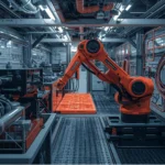 An advanced orange robotic arm in a factory setup, equipped with durable flexible cable conduits for smooth automation and robotics applications.