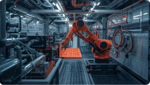 An advanced orange robotic arm in a factory setup, equipped with durable flexible cable conduits for smooth automation and robotics applications.