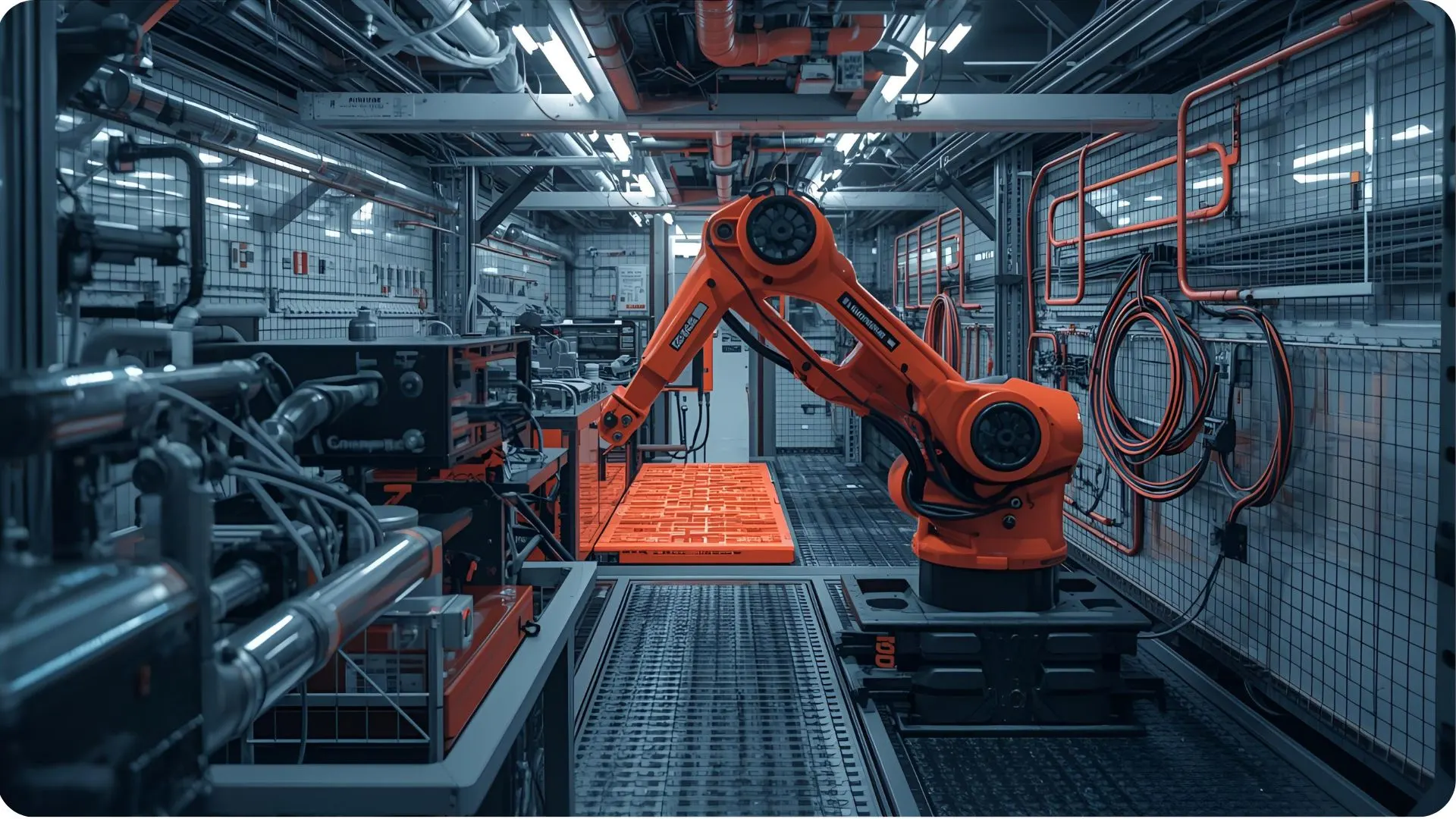 An advanced orange robotic arm in a factory setup, equipped with durable flexible cable conduits for smooth automation and robotics applications.