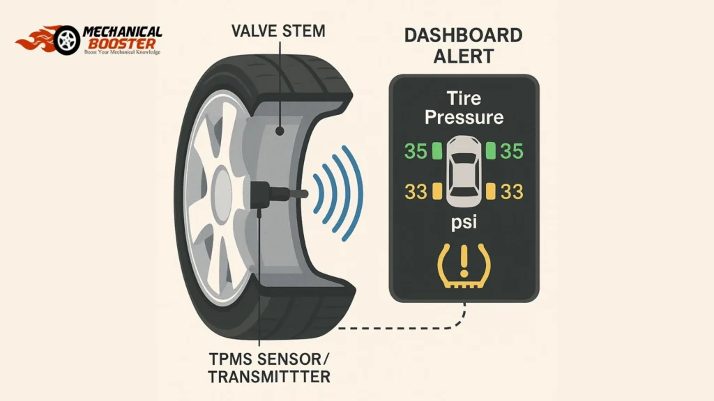 Tire Pressure Monitoring System (TPMS) diagram showing how tire sensors send pressure data to the dashboard warning light.