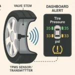 Tire Pressure Monitoring System (TPMS) diagram showing how tire sensors send pressure data to the dashboard warning light.