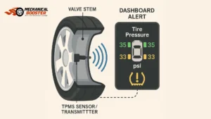 Tire Pressure Monitoring System (TPMS) diagram showing how tire sensors send pressure data to the dashboard warning light.