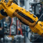 The Top 7 Flexible Cable Conduits for Robotics Close-up of yellow robotic arm using flexible cable conduit for wiring protection.