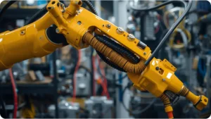 Close-up of yellow robotic arm using flexible cable conduit for wiring protection.