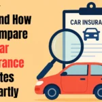 Why And How To Compare Car Insurance Rates Smartly Illustration showing a red car, magnifying glass, and clipboard with “Car Insurance” text, representing how to compare car insurance rates smartly.