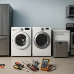 Modern home kitchen with refrigerator, washer, dryer, oven, and repair tools representing appliance maintenance.