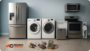 Modern home kitchen with refrigerator, washer, dryer, oven, and repair tools representing appliance maintenance.