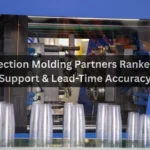 Industrial injection molding machine producing plastic cups, with overlay text highlighting rapid injection molding partners ranked by DFM support and lead-time accuracy.