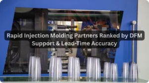 Industrial injection molding machine producing plastic cups, with overlay text highlighting rapid injection molding partners ranked by DFM support and lead-time accuracy.