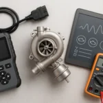 Modern diesel engine diagnostic tools including scanner, turbocharger, tablet, and multimeter arranged on a gray surface.