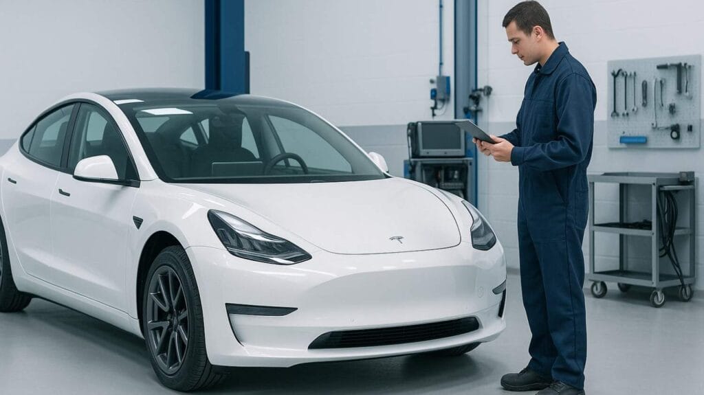 echnician inspecting a white Tesla Model 3 inside a bright, organized auto body repair workshop with clean tools and a minimalist, professional layout.
