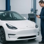 echnician inspecting a white Tesla Model 3 inside a bright, organized auto body repair workshop with clean tools and a minimalist, professional layout.