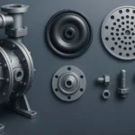 High-quality 3D-rendered image of a diaphragm pump with metallic components including bolts, valves, and diaphragms on a blue-gray industrial background.