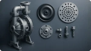 High-quality 3D-rendered image of a diaphragm pump with metallic components including bolts, valves, and diaphragms on a blue-gray industrial background.