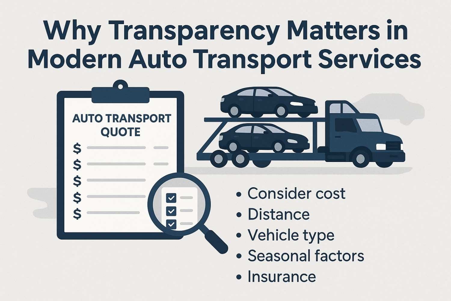 Infographic showing why transparency matters in modern auto transport services, featuring a car hauler truck, auto transport quote clipboard, and checklist of pricing factors such as distance, vehicle type, seasonal demand, and insurance.