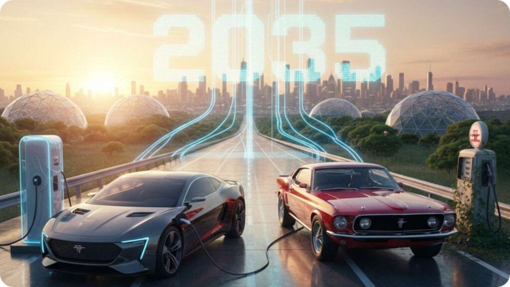 Electric vehicle and petrol car standing side by side on a futuristic road with 2035 in the background, symbolizing the future of EVs replacing petrol cars.