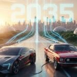 Electric vehicle and petrol car standing side by side on a futuristic road with 2035 in the background, symbolizing the future of EVs replacing petrol cars.