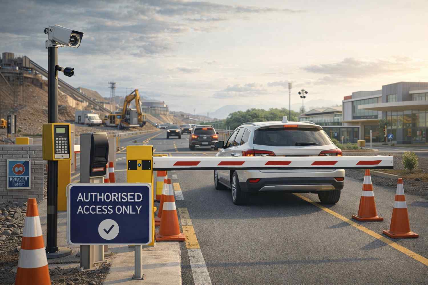 Automated boom gate controlling vehicle entry at a commercial site with security cameras, authorised access signage, and organised traffic flow.