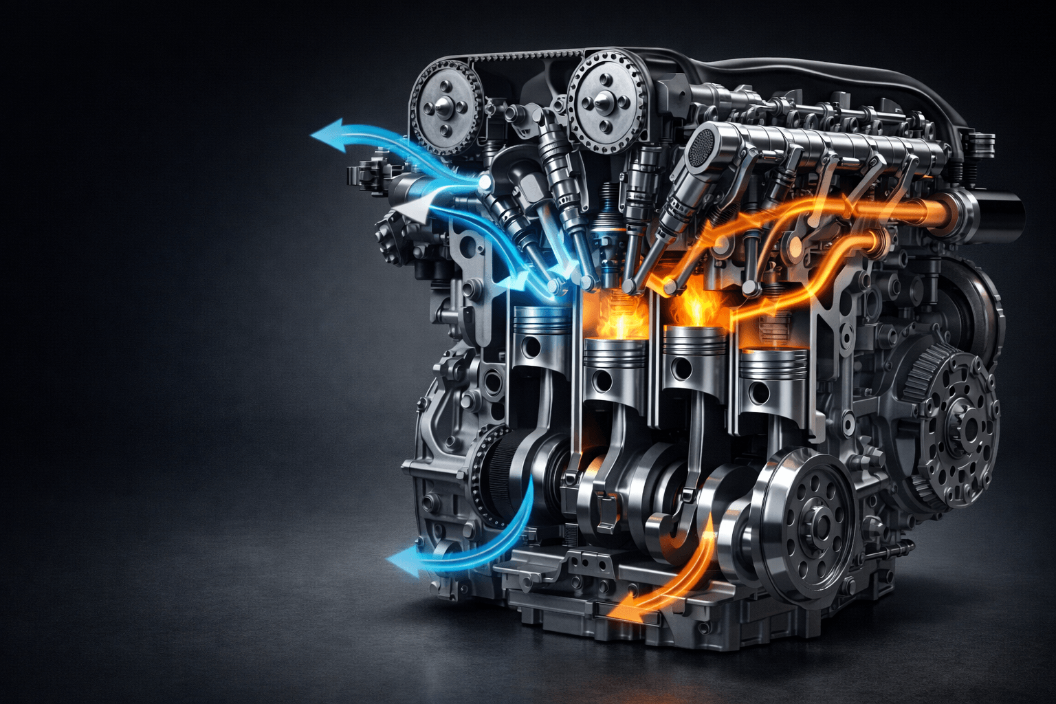 Modern car engine working mechanism with pistons, valves, and combustion process